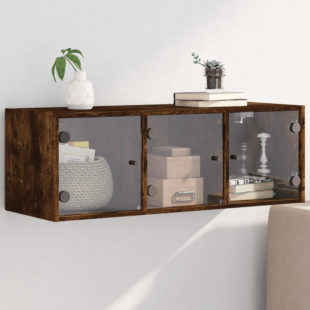 Wall Cabinet with Glass Doors Smoked Oak 102x37x35 cm - Millennium Furniture