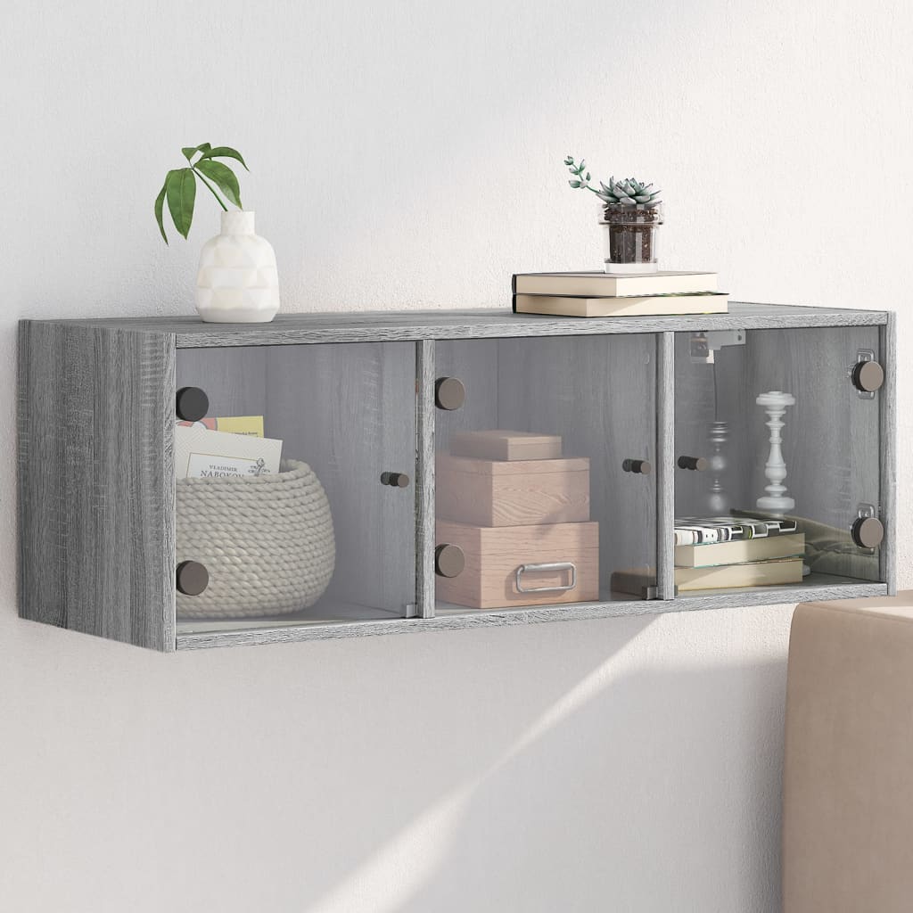 Wall Cabinet with Glass Doors Grey Sonoma 102x37x35 cm - Brittle & Co