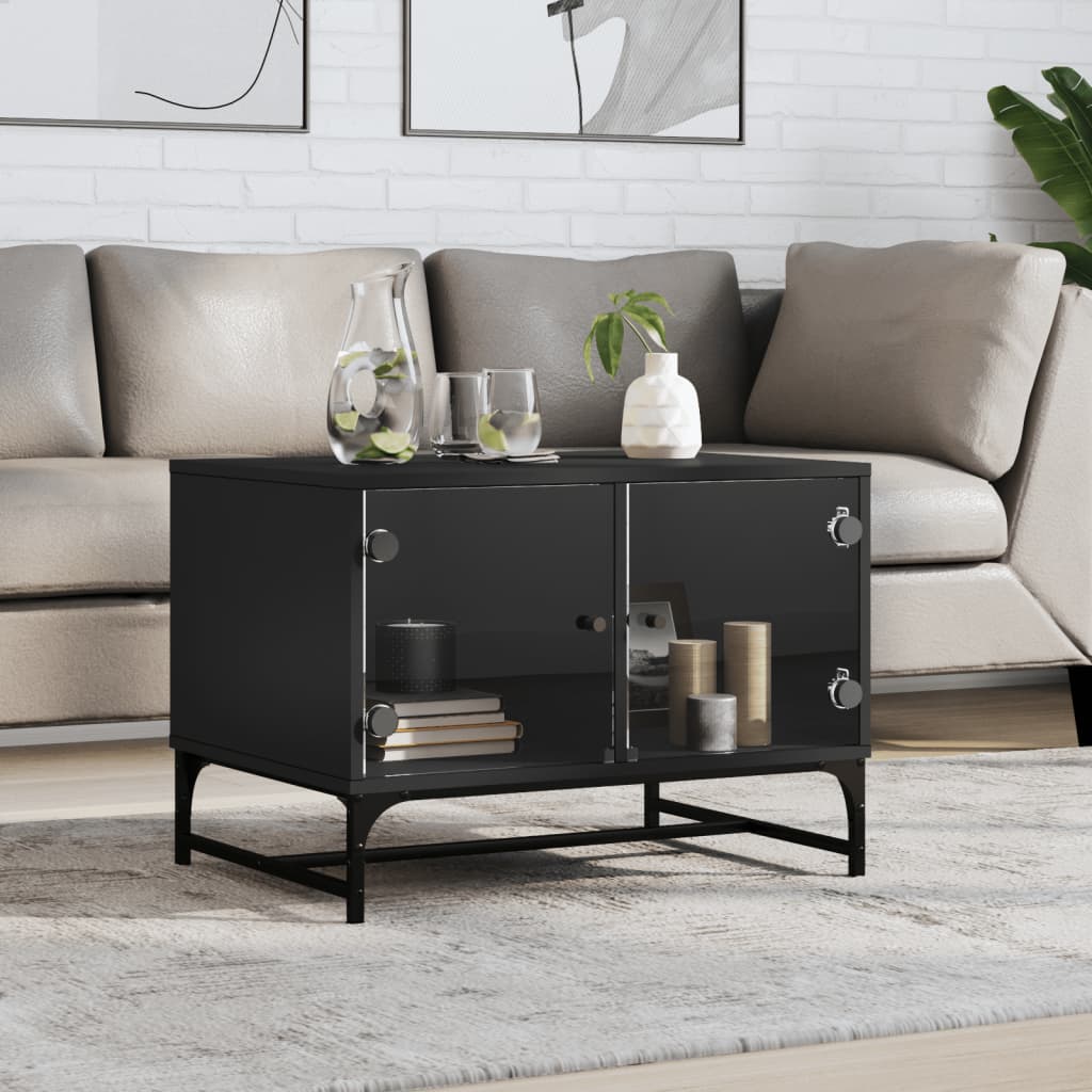 Coffee Table with Glass Doors Black 68.5x50x50 cm - Brittle & Co
