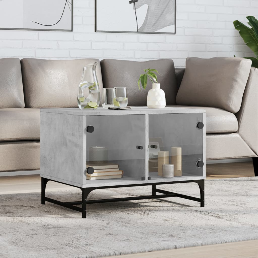 Coffee Table with Glass Doors Concrete Grey 68.5x50x50 cm - The Home Maker