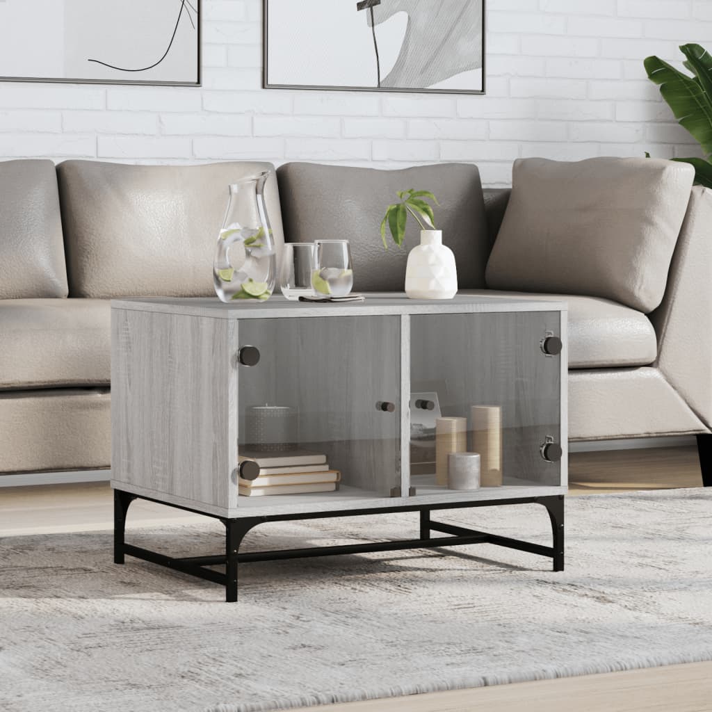 Coffee Table with Glass Doors Grey Sonoma 68.5x50x50 cm - Direct Imports
