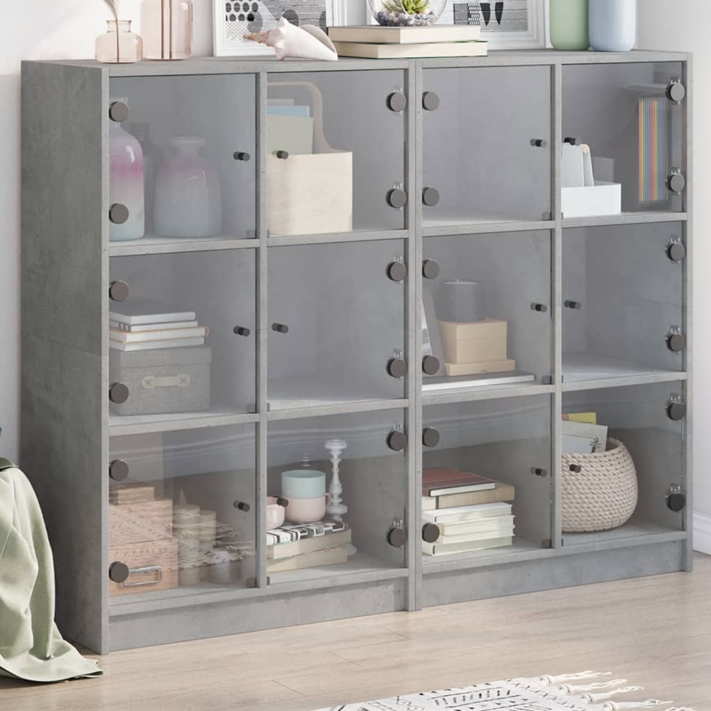 Bookcase with Doors Concrete Grey 136x37x109 cm Engineered Wood - Charlotte Dunes