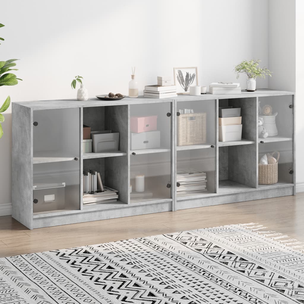 Bookcase with Doors Concrete Grey 204x37x75 cm Engineered Wood - Decor Base