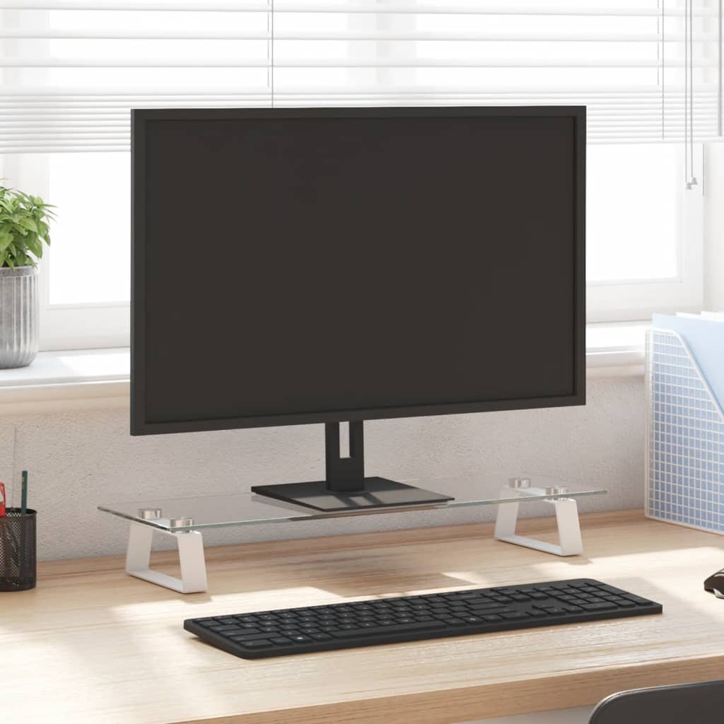 Monitor Stand White 60x20x8 cm Tempered Glass and Metal - Millennium Furniture
