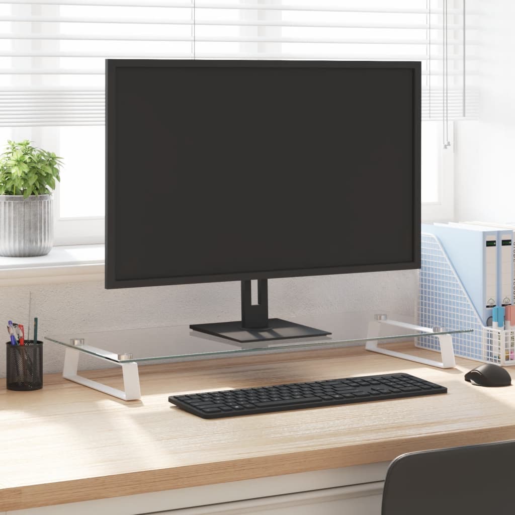 Monitor Stand White 80x35x8 cm Tempered Glass and Metal - Millennium Furniture