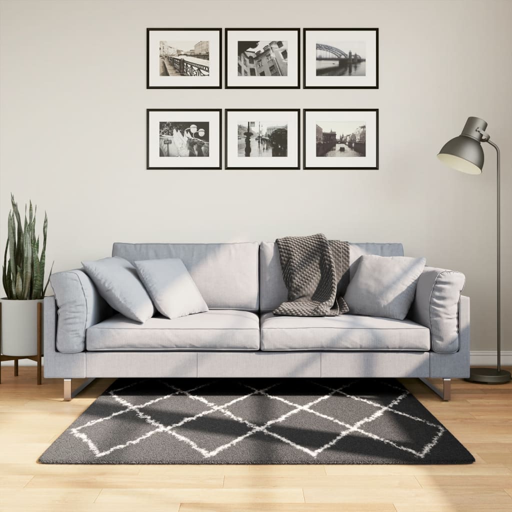 Shaggy Rug High Pile Modern Black and Cream 120x120cm - Merkel Designers