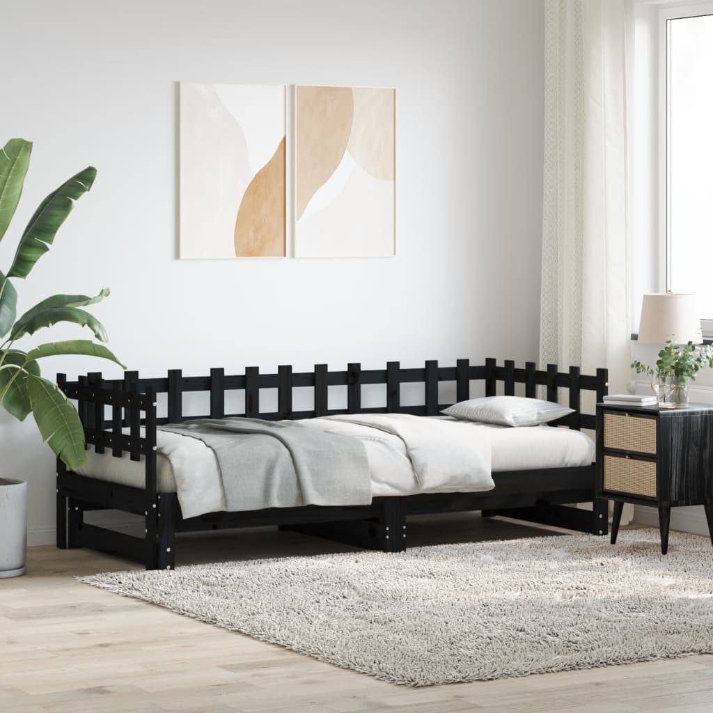 Pull-out Day Bed Black 2x(90x190) cm Solid Wood Pine - Millennium Furniture