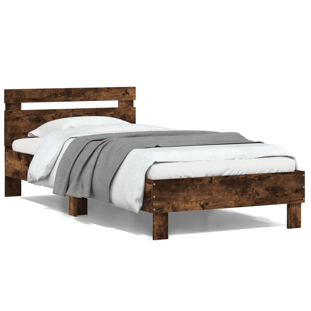 Bed Frame with Headboard and LED Lights Smoked Oak 100x200 cm - Brittle & Co