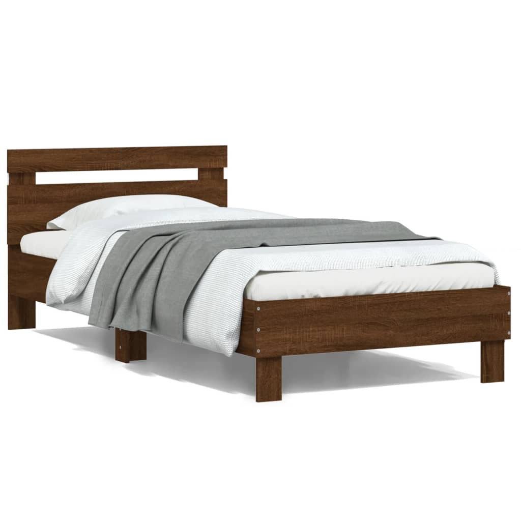 Bed Frame with Headboard and LED Lights Brown Oak 100x200 cm - Direct Imports