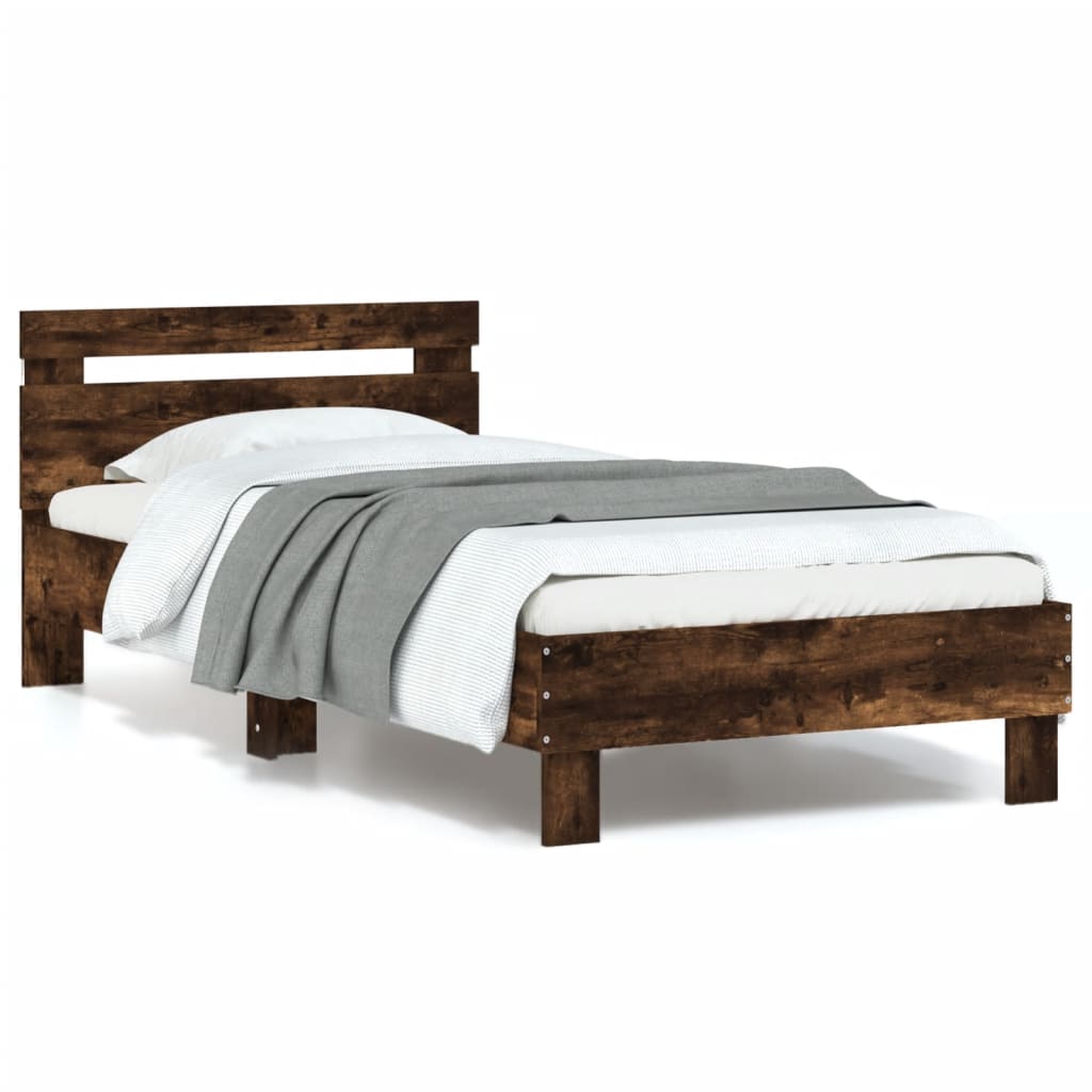Bed Frame with Headboard and LED Lights Smoked Oak 90x200 cm - Brittle & Co
