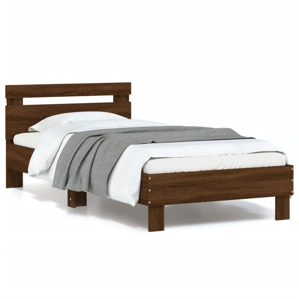 Bed Frame with Headboard and LED Lights Brown Oak 90x190 cm Single - Direct Imports