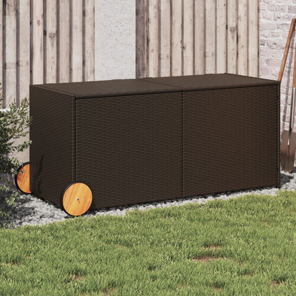 Garden Storage Box with Wheels Brown 283L Poly Rattan - All Things Good