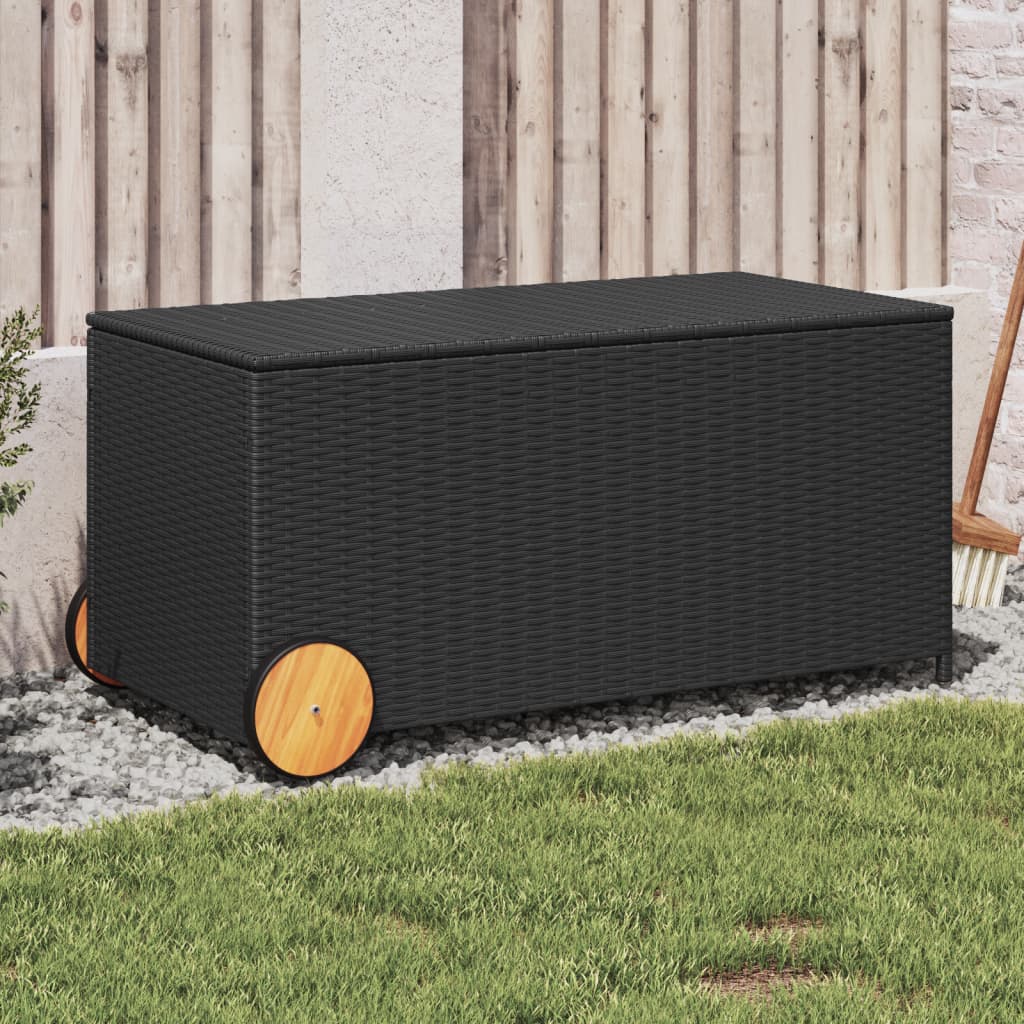 Garden Storage Box with Wheels Black 190L Poly Rattan - The Home Maker