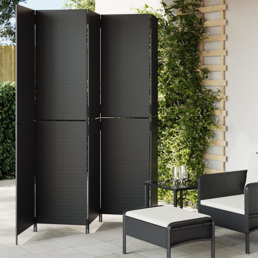 Room Divider 5 Panels Black Poly Rattan - Brittle & Co