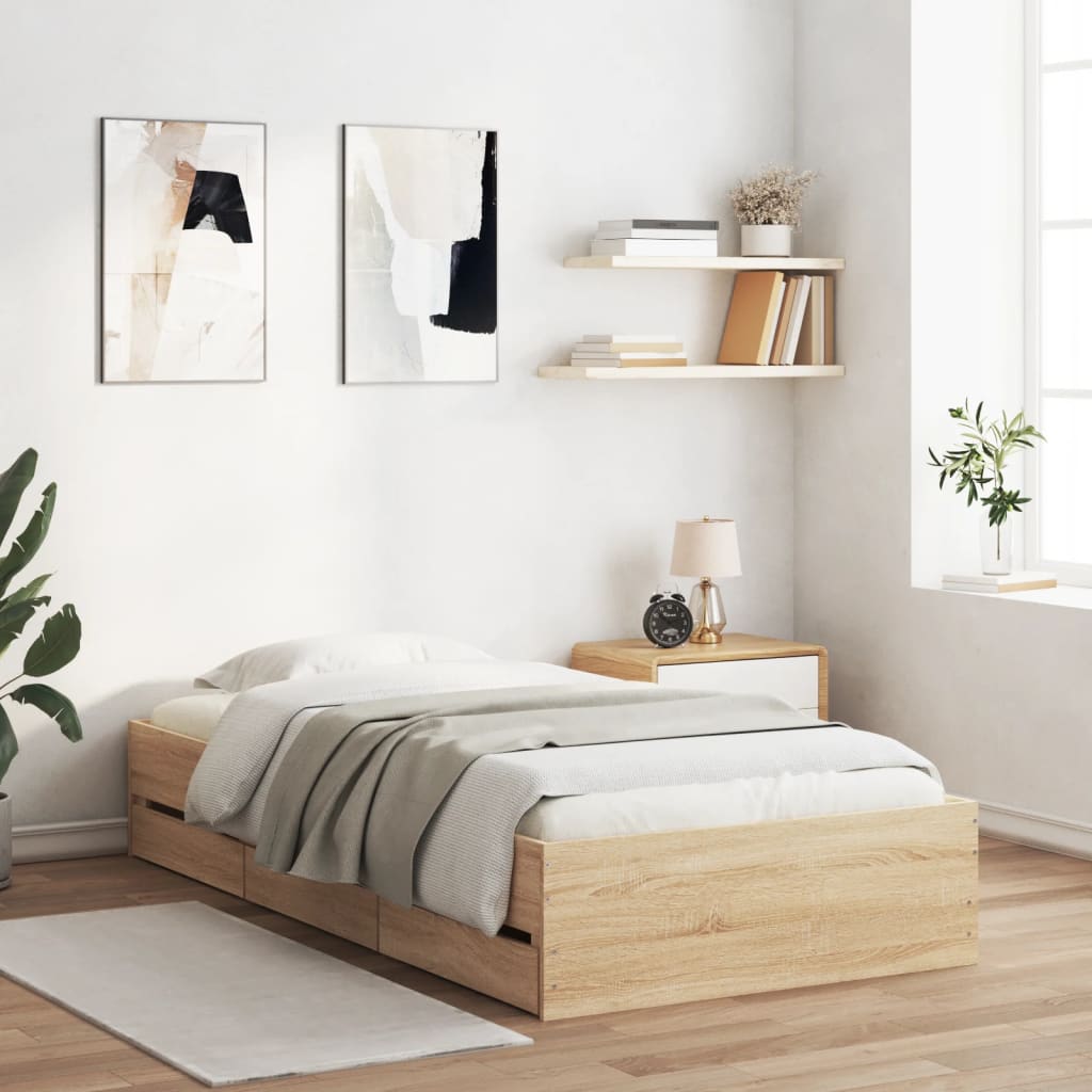 Bed Frame with Drawers Sonoma Oak 100x200 cm Engineered Wood - Brittle & Co