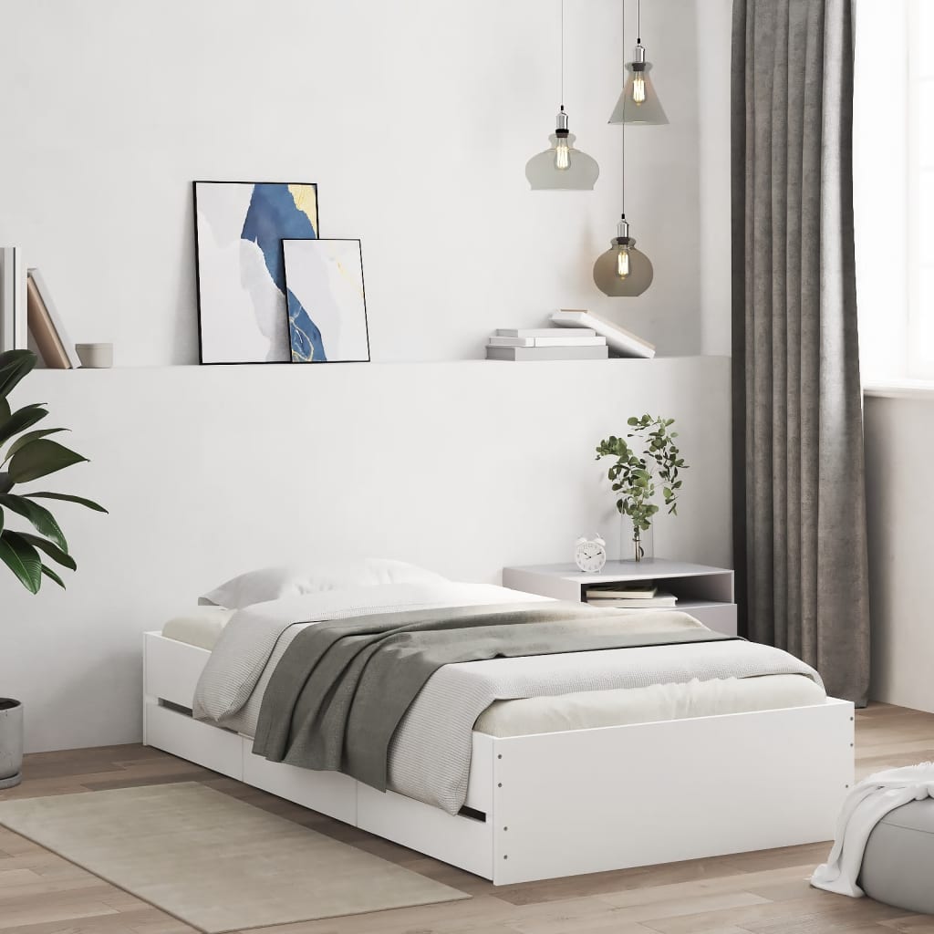 Bed Frame with Drawers White 90x190 cm Single Engineered Wood - All Things Good
