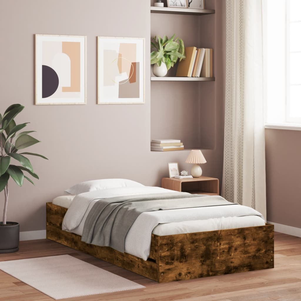 Bed Frame with Drawers Smoked Oak 90x190 cm Single Engineered Wood - Tyrell & Tyrell