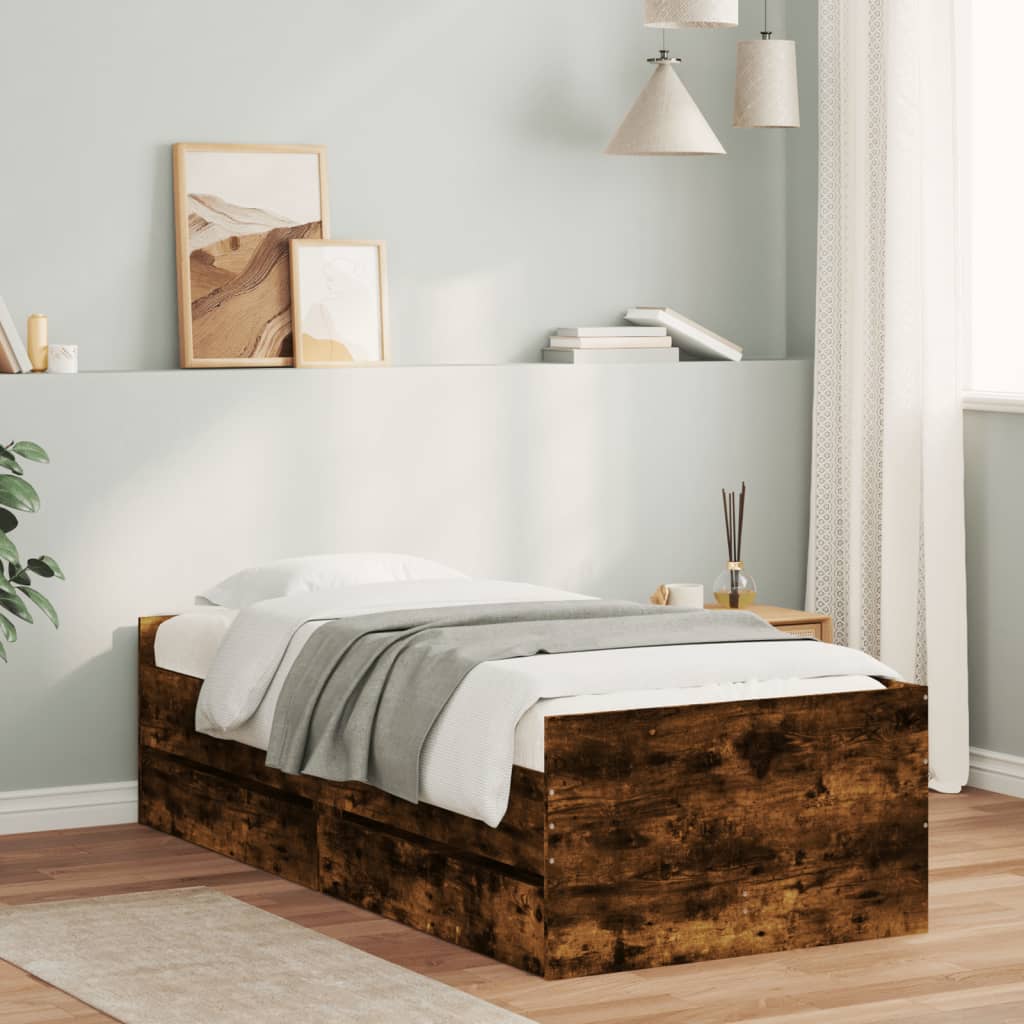 Bed Frame with Drawers Smoked Oak 75x190 cm Small Single - Discount Dealers