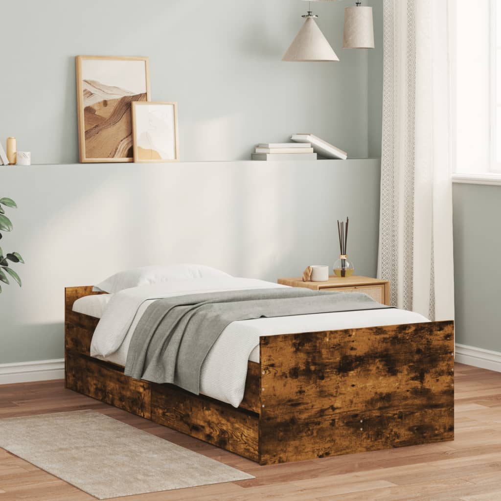 Bed Frame with Drawers Smoked Oak 90x190 cm Single - Discount Dealers