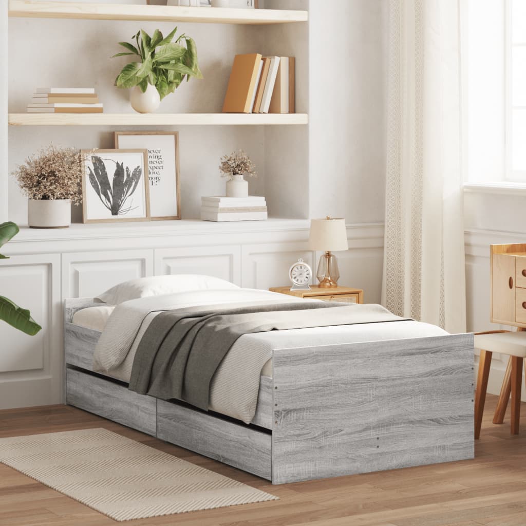 Bed Frame with Drawers Grey Sonoma 90x190 cm Single - All Things Good