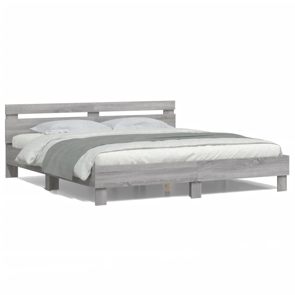 Bed Frame with Headboard and LED Grey Sonoma 200x200 cm - All Things Good