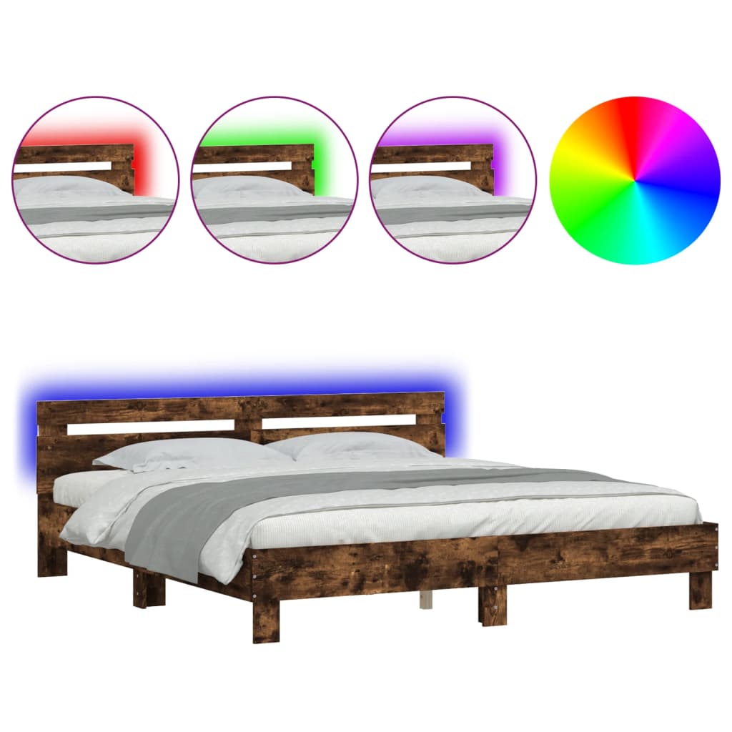 Bed Frame with Headboard and LED Smoked Oak 180x200 cm Super King Size - Casper Homes