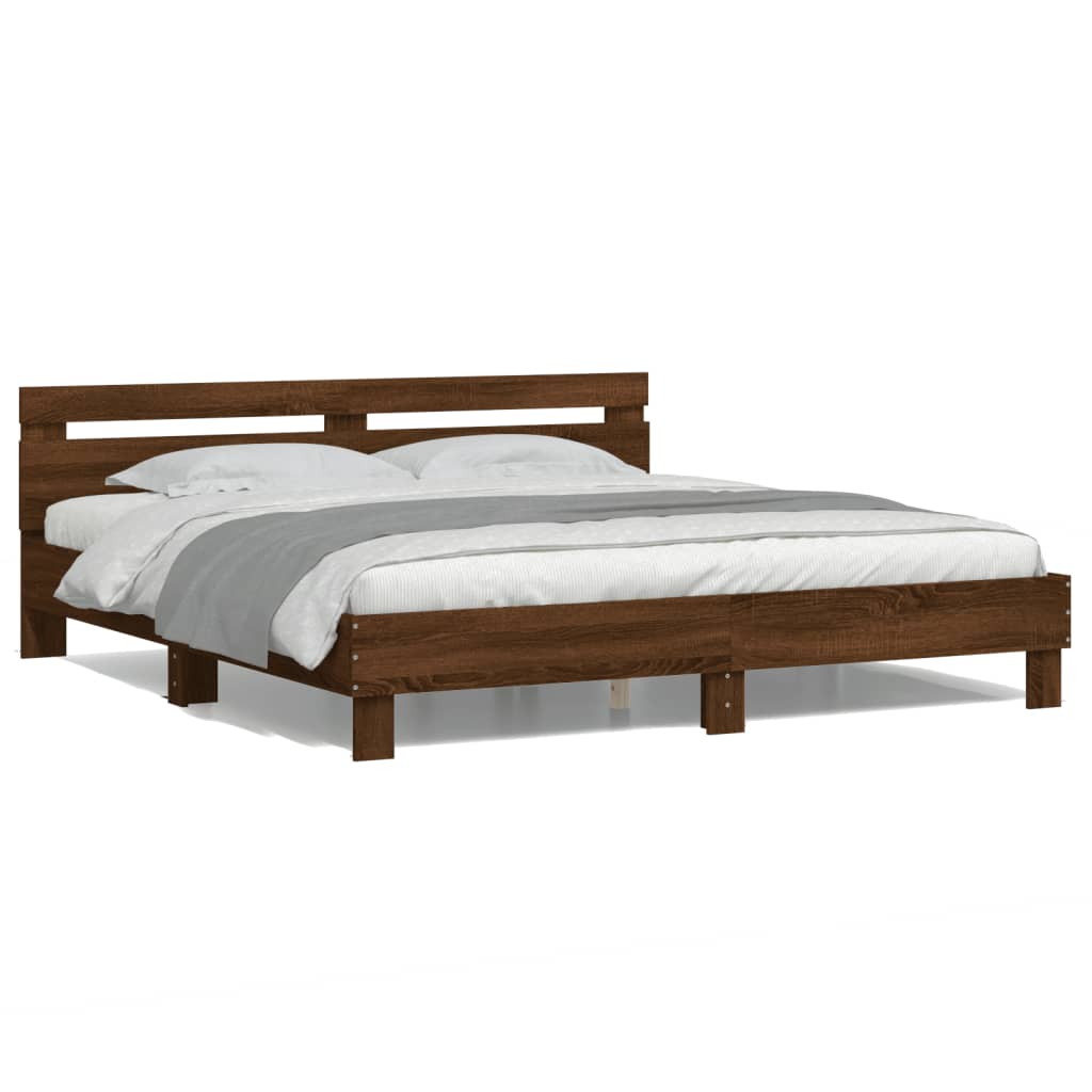 Bed Frame with Headboard and LED Brown Oak 160x200 cm - The Home Maker
