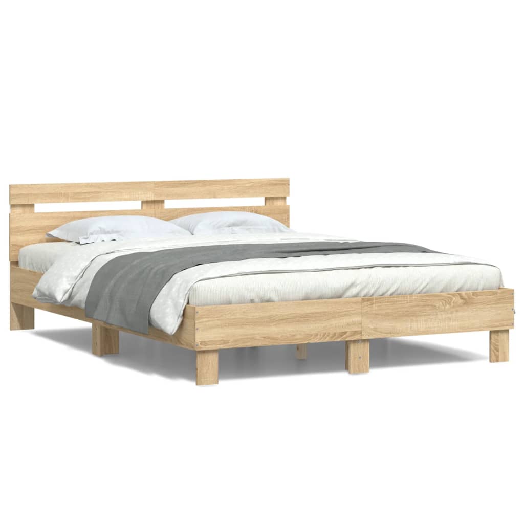 Bed Frame with Headboard and LED Sonoma Oak 150x200 cm King Size - Casper Homes
