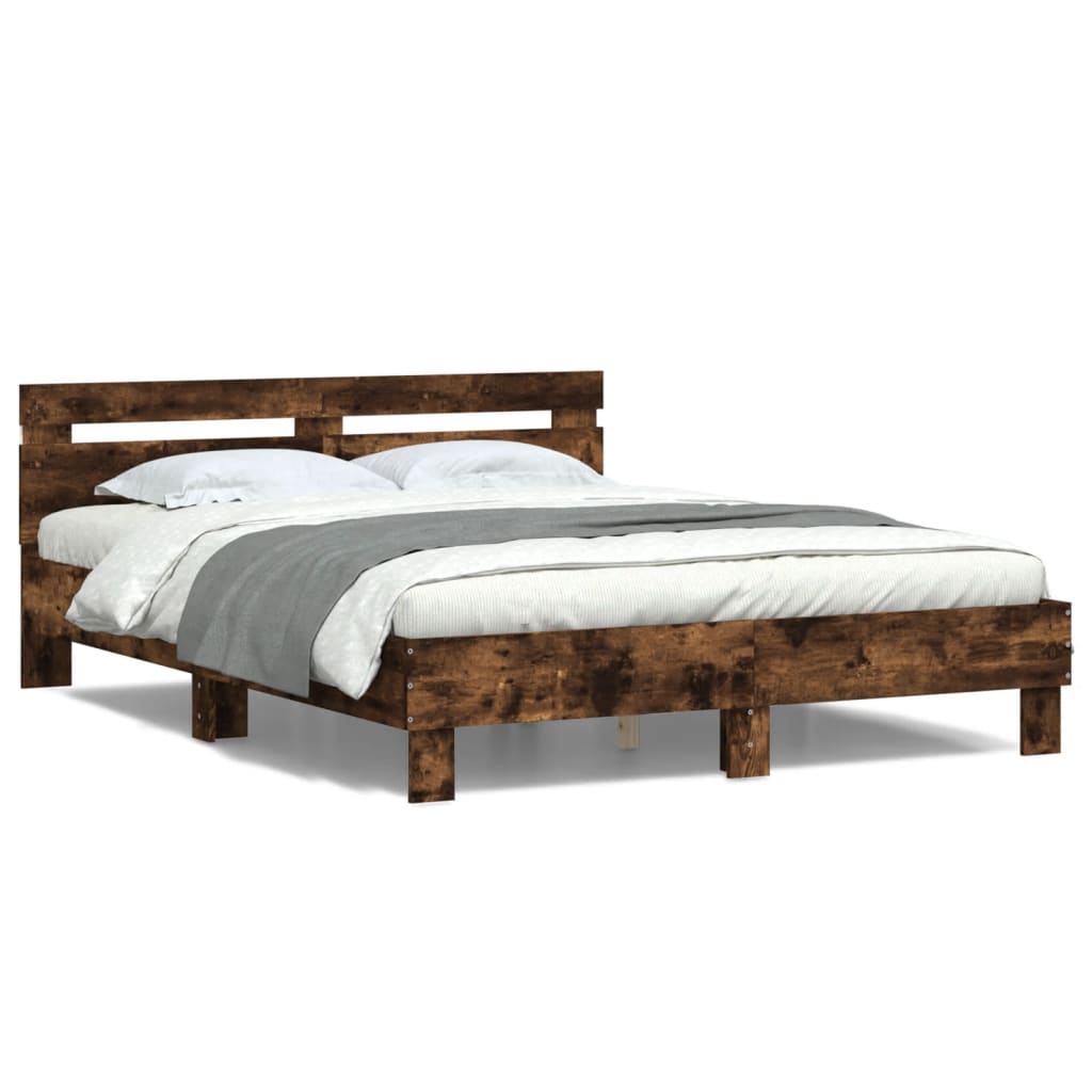 Bed Frame with Headboard and LED Smoked Oak 150x200 cm King Size - R and M Furniture