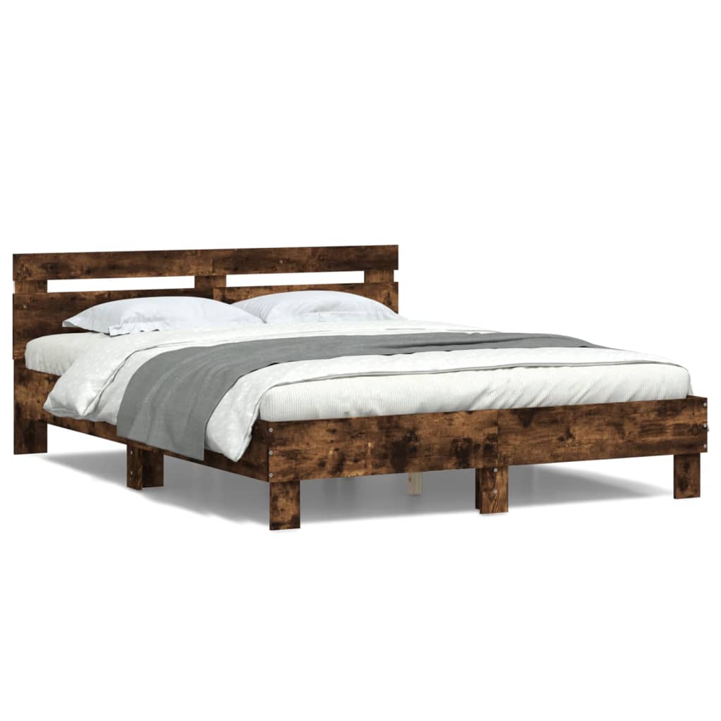 Bed Frame with Headboard and LED Smoked Oak 140x200 cm - The Home Maker