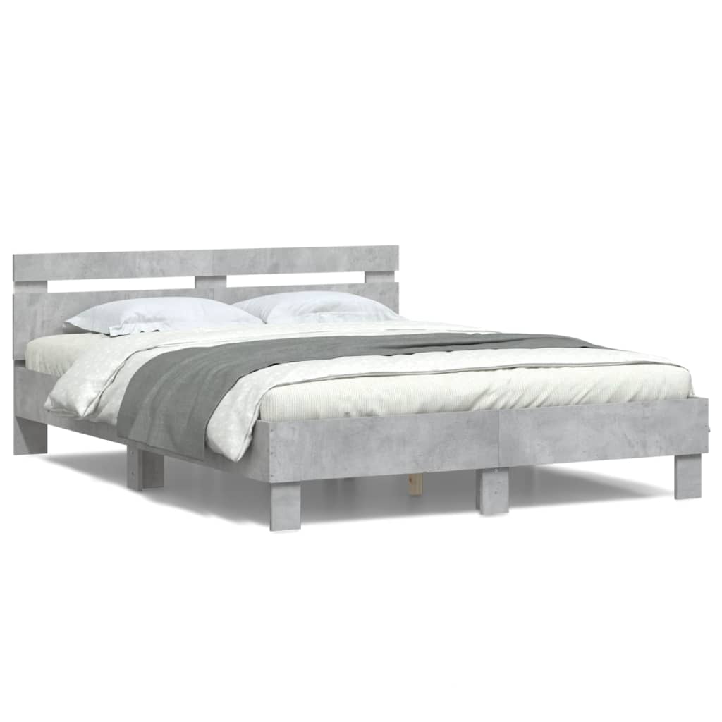 Bed Frame with Headboard and LED Concrete Grey 140x190 cm - All Things Good