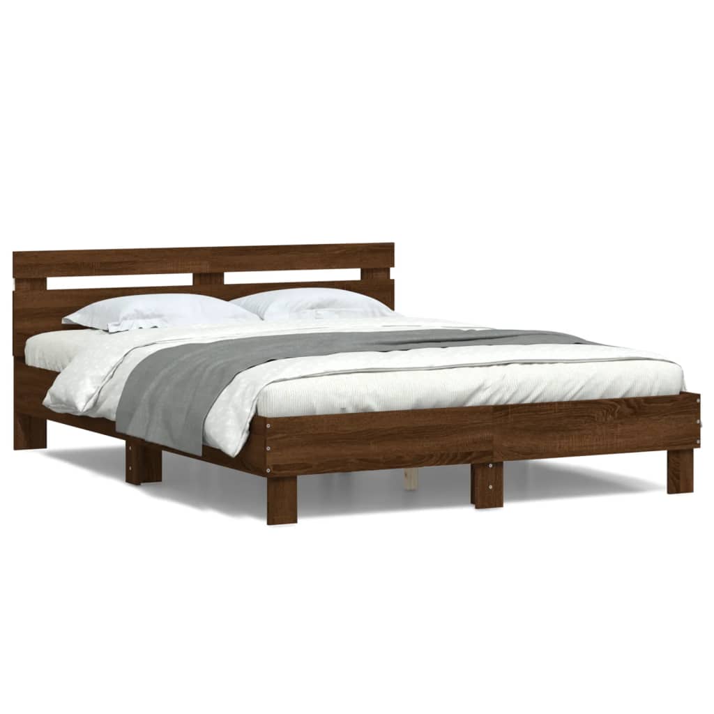 Bed Frame with Headboard and LED Brown Oak 140x190 cm - Merlin Deals