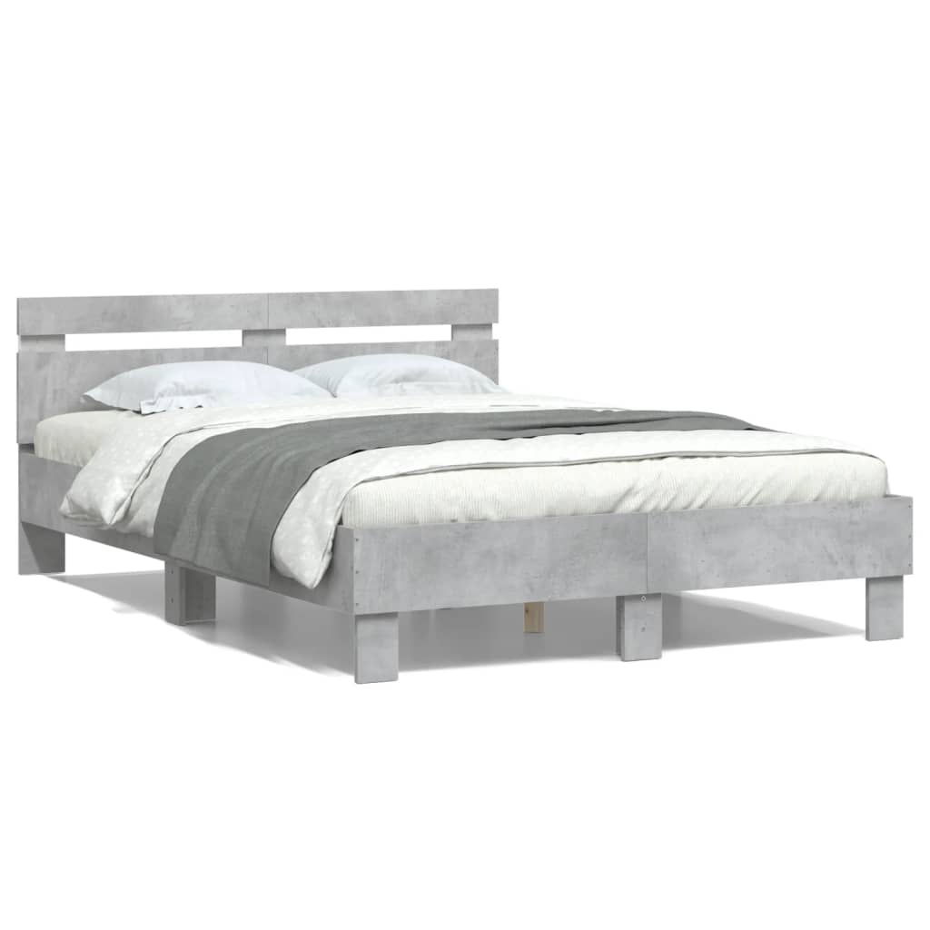 Bed Frame with Headboard and LED Concrete Grey 135x190 cm Double - Merkel Designers