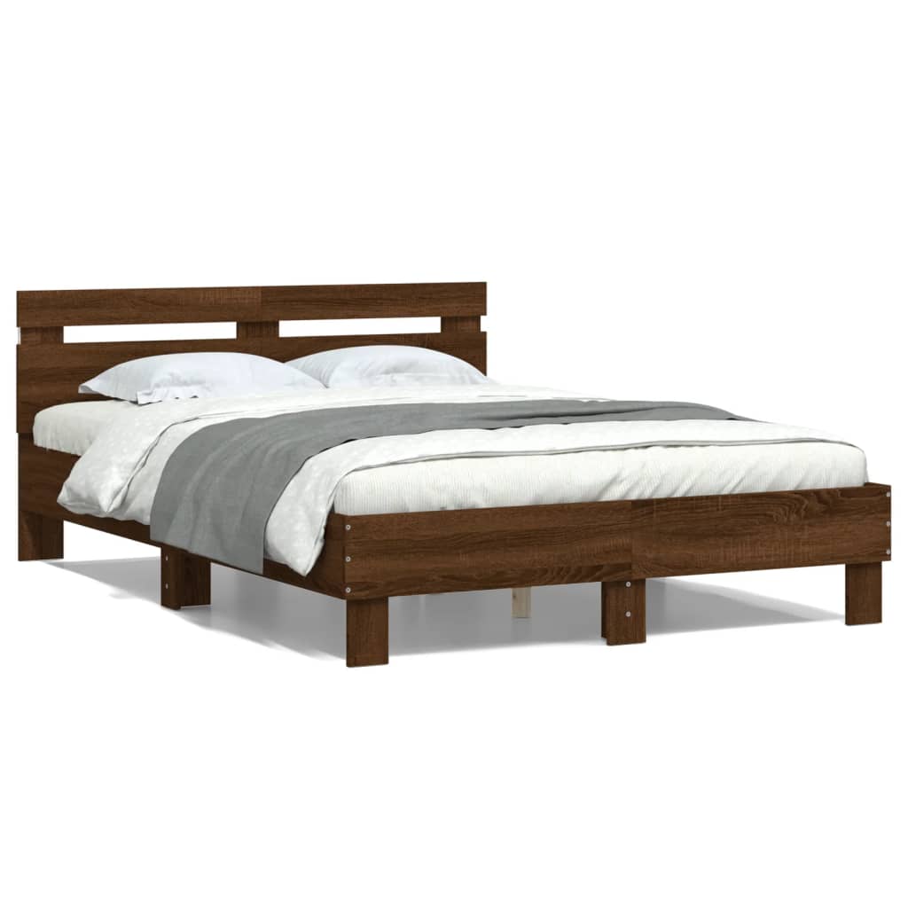 Bed Frame with Headboard and LED Brown Oak 135x190 cm Double - The Home Maker