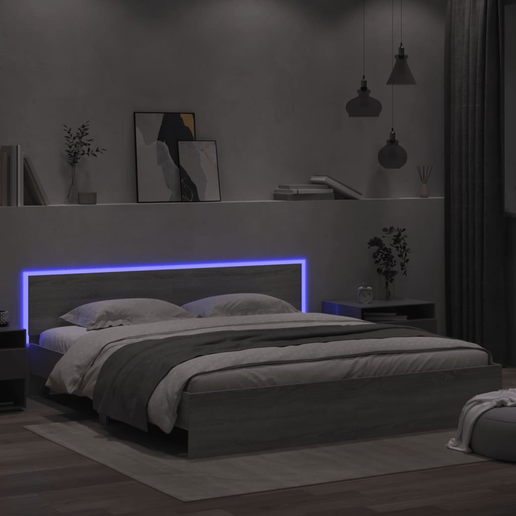 Bed Frame with Headboard and LED Grey Sonoma 200x200 cm - Tyrell & Tyrell