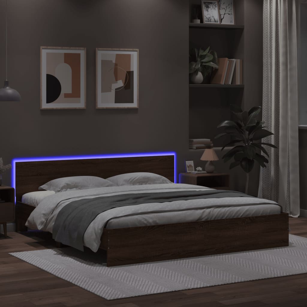Bed Frame with Headboard and LED Brown Oak 200x200 cm - Merkel Designers