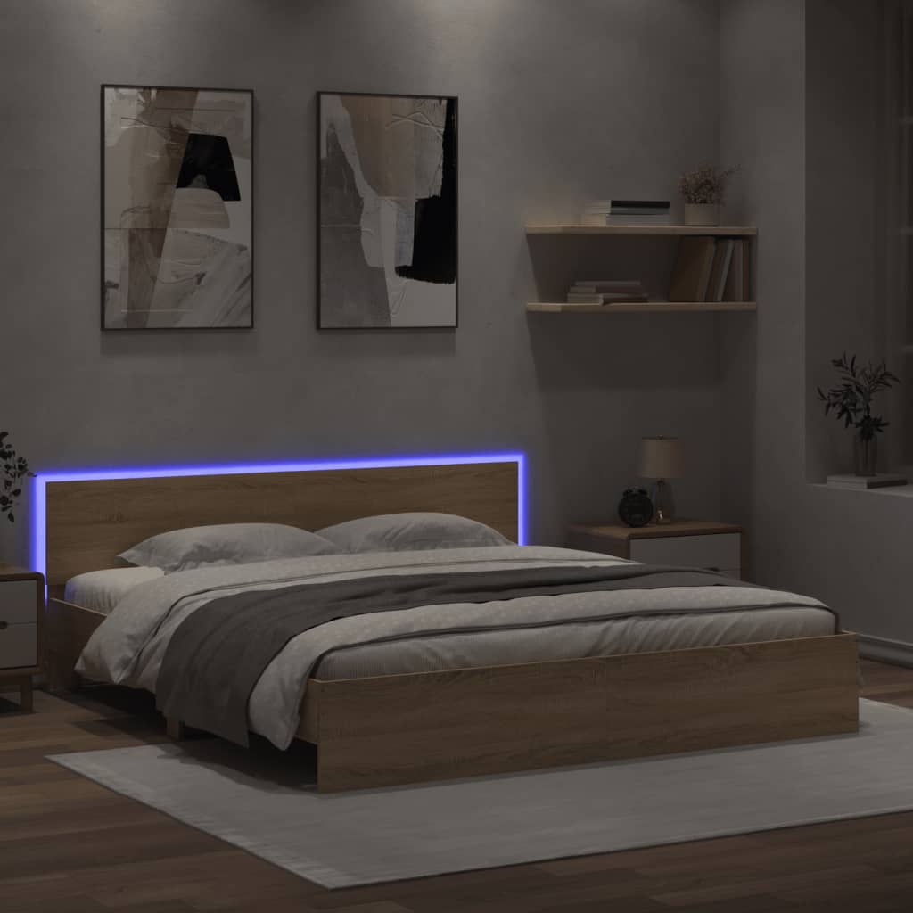 Bed Frame with Headboard and LED Sonoma Oak 180x200 cm Super King Size - The Home Maker