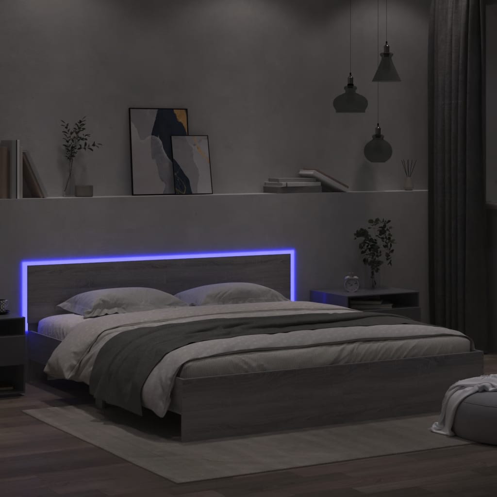 Bed Frame with Headboard and LED Grey Sonoma 180x200 cm Super King Size - Merlin Deals