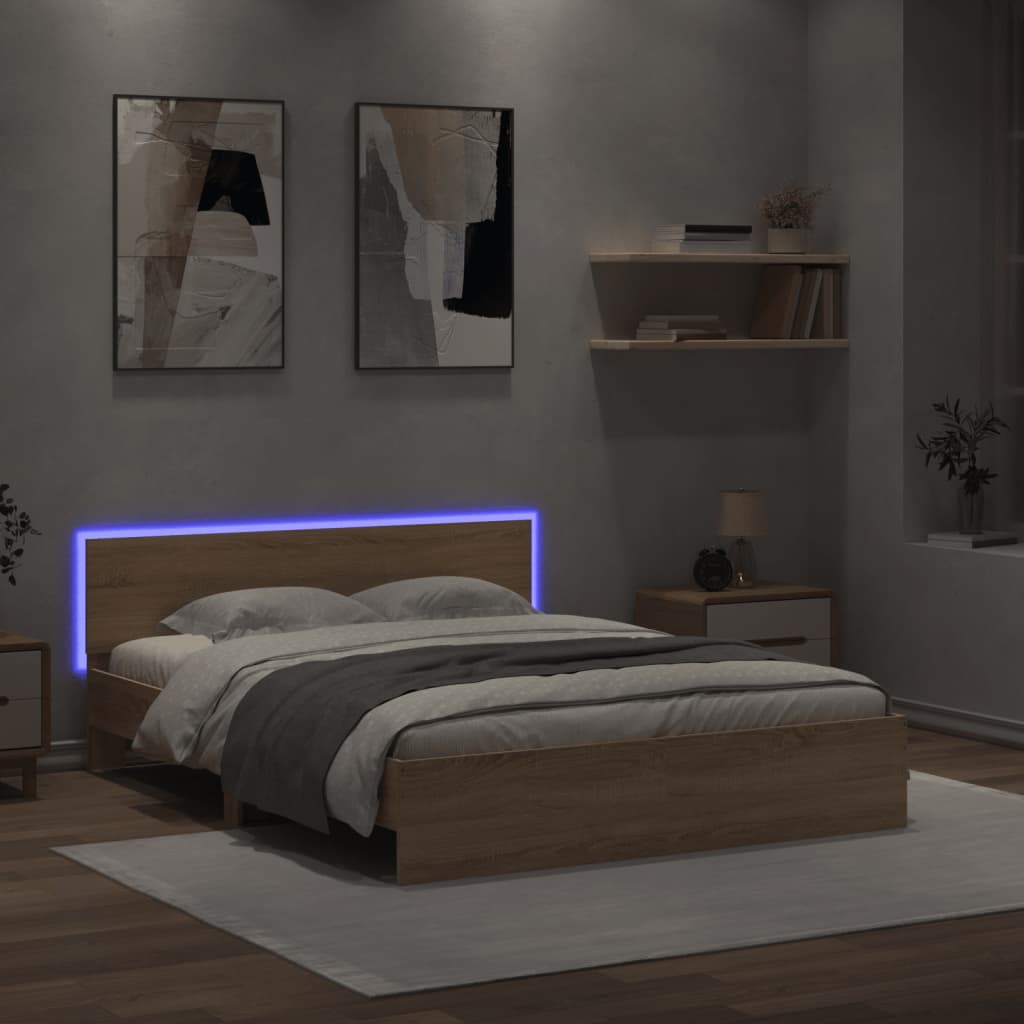 Bed Frame with Headboard and LED Sonoma Oak 160x200 cm - Casper Homes