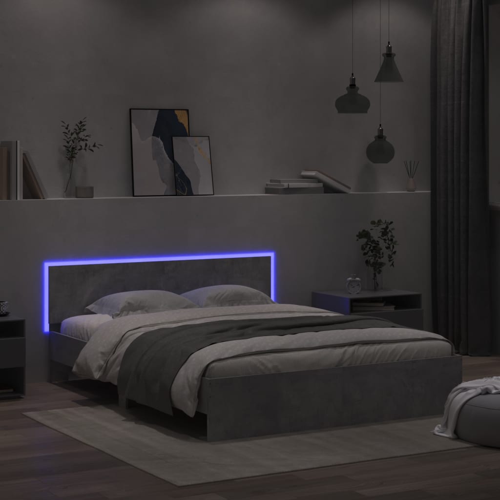 Bed Frame with Headboard and LED Concrete Grey 160x200 cm - Decor Base