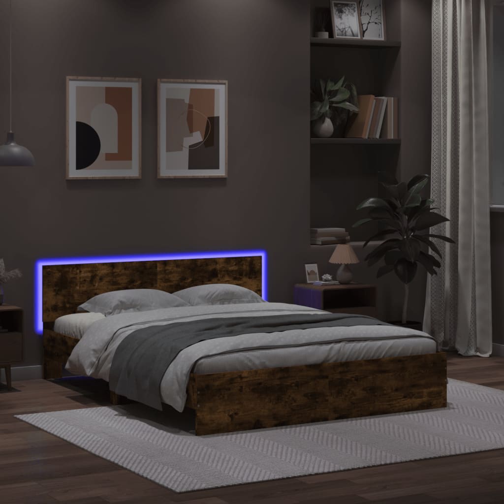 Bed Frame with Headboard and LED Smoked Oak 160x200 cm - The Home Maker