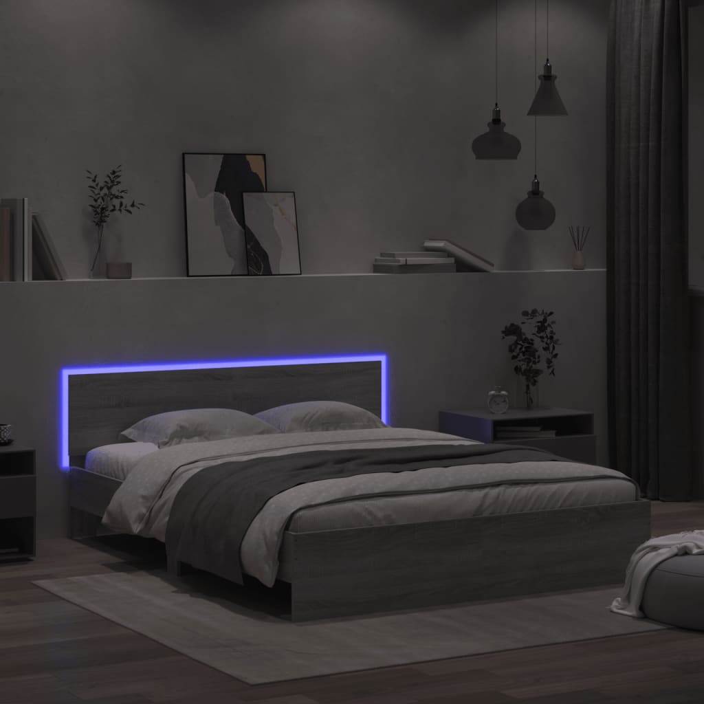 Bed Frame with Headboard and LED Grey Sonoma 160x200 cm - Brittle & Co