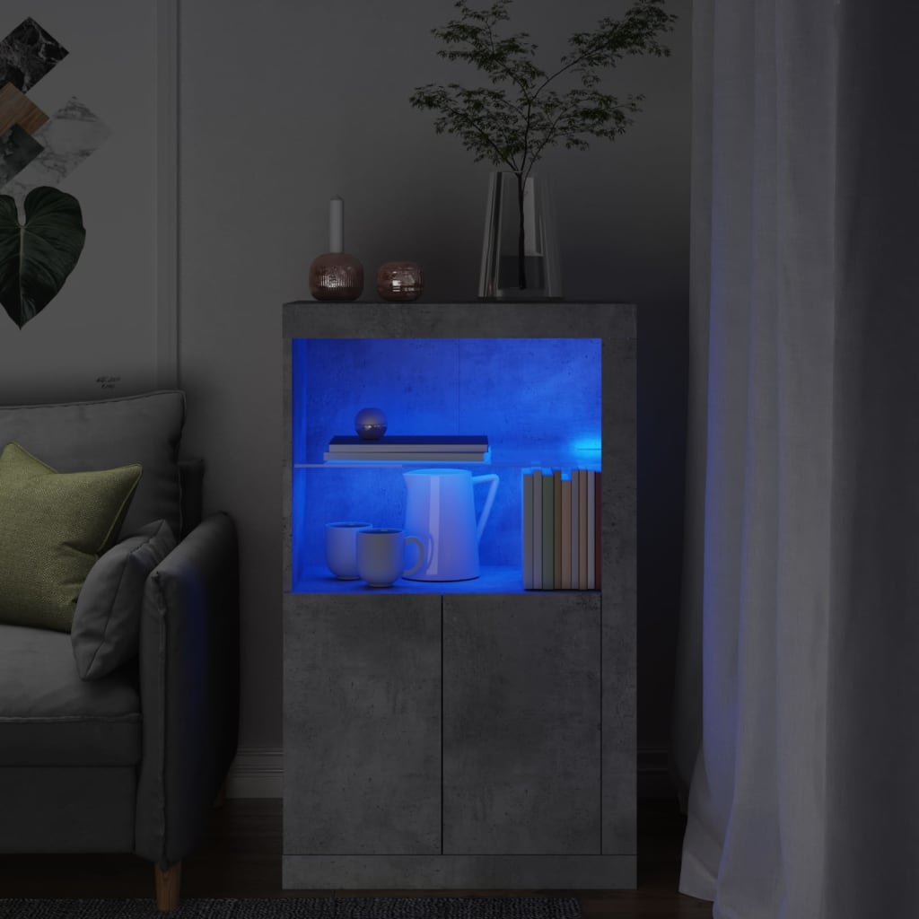 Side Cabinet with LED Lights Concrete Grey Engineered Wood - Sid & Sam