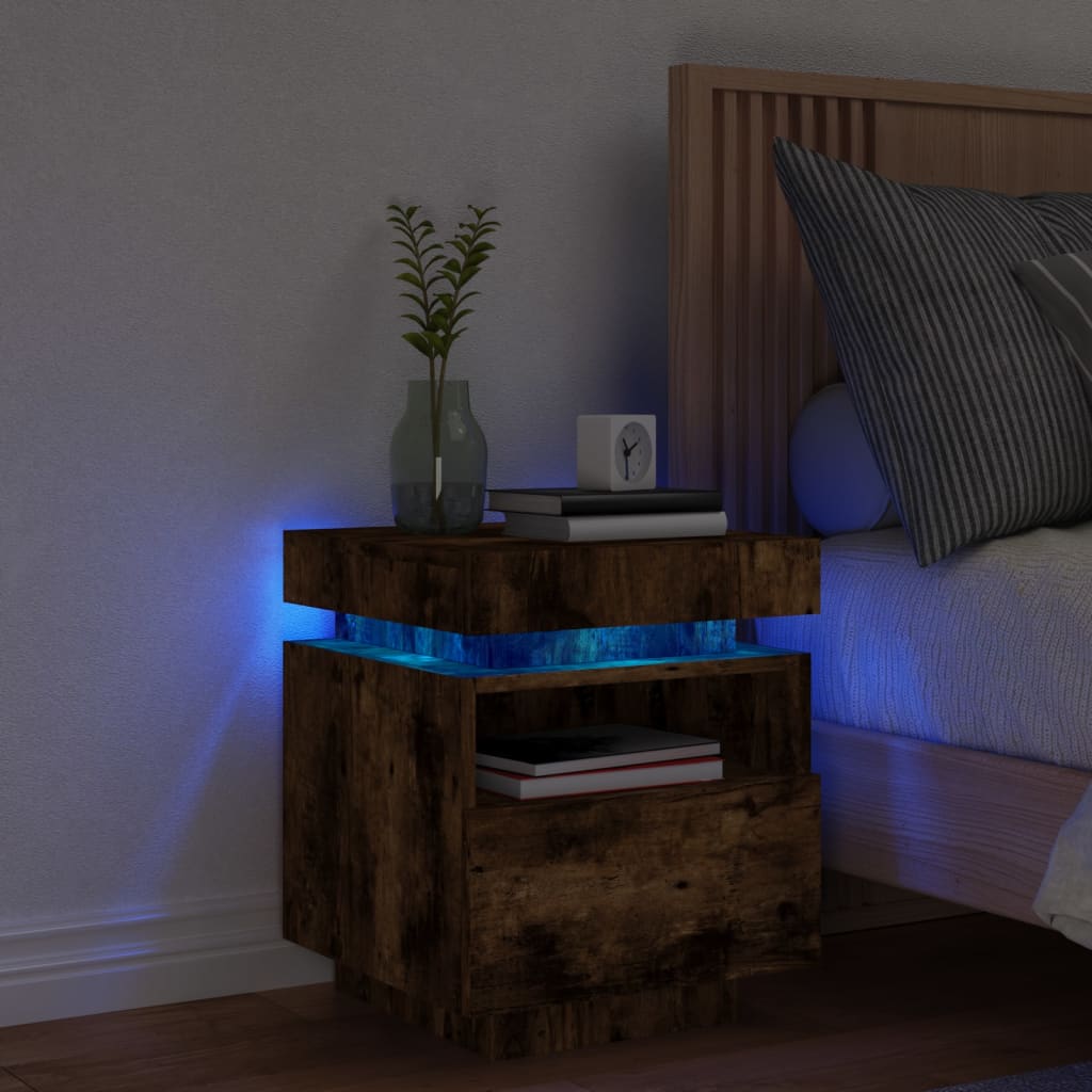 Bedside Cabinet with LED Lights Smoked Oak 40x39x48.5 cm - Discount Dealers