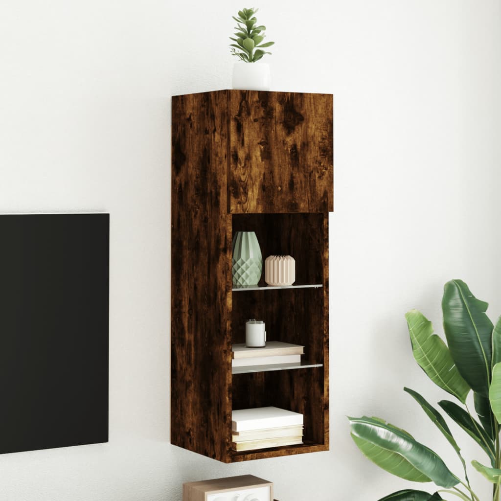 TV Cabinet with LED Lights Smoked Oak 30.5x30x90 cm - Merkel Designers