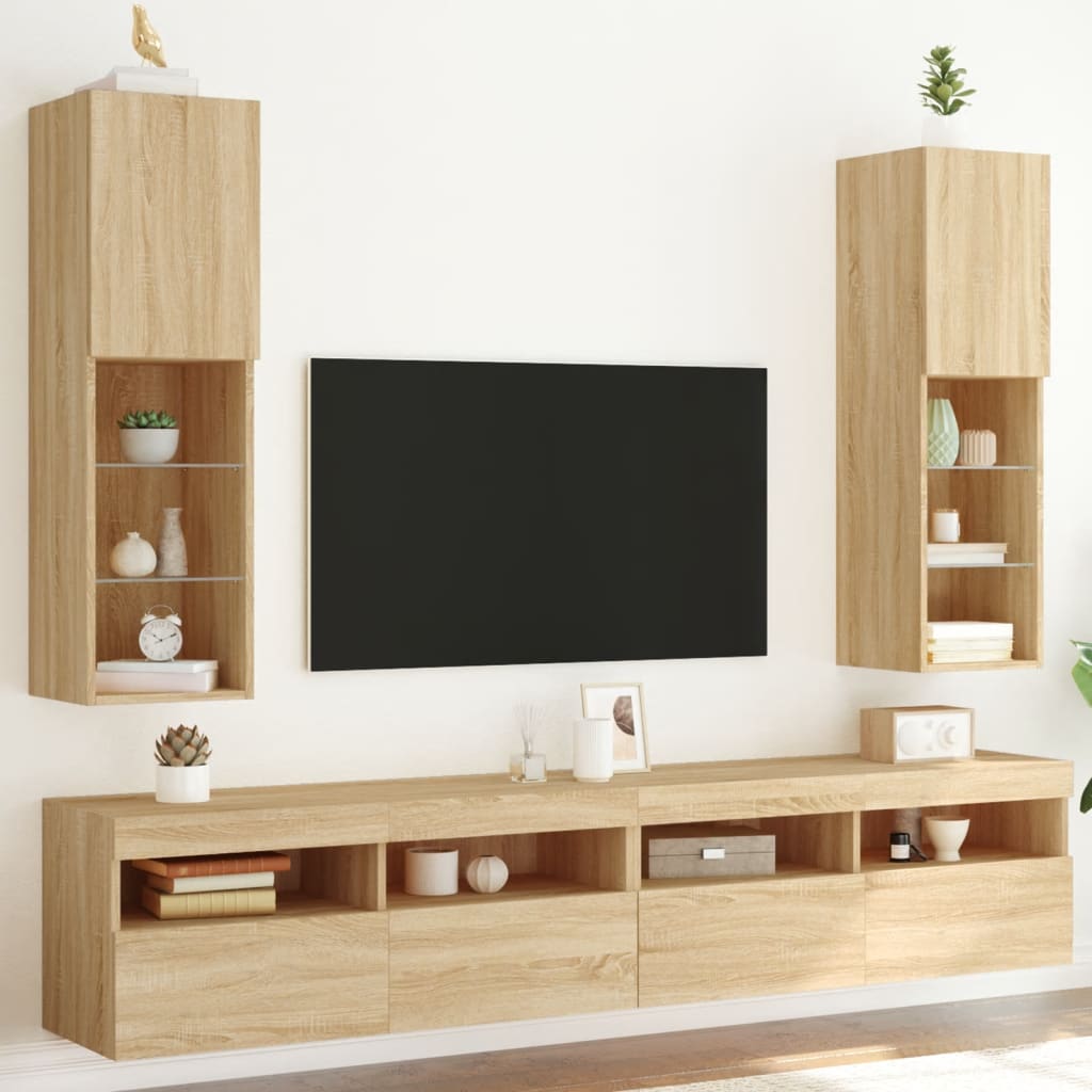 TV Cabinets with LED Lights 2 pcs Sonoma Oak 30.5x30x102 cm - Brittle & Co