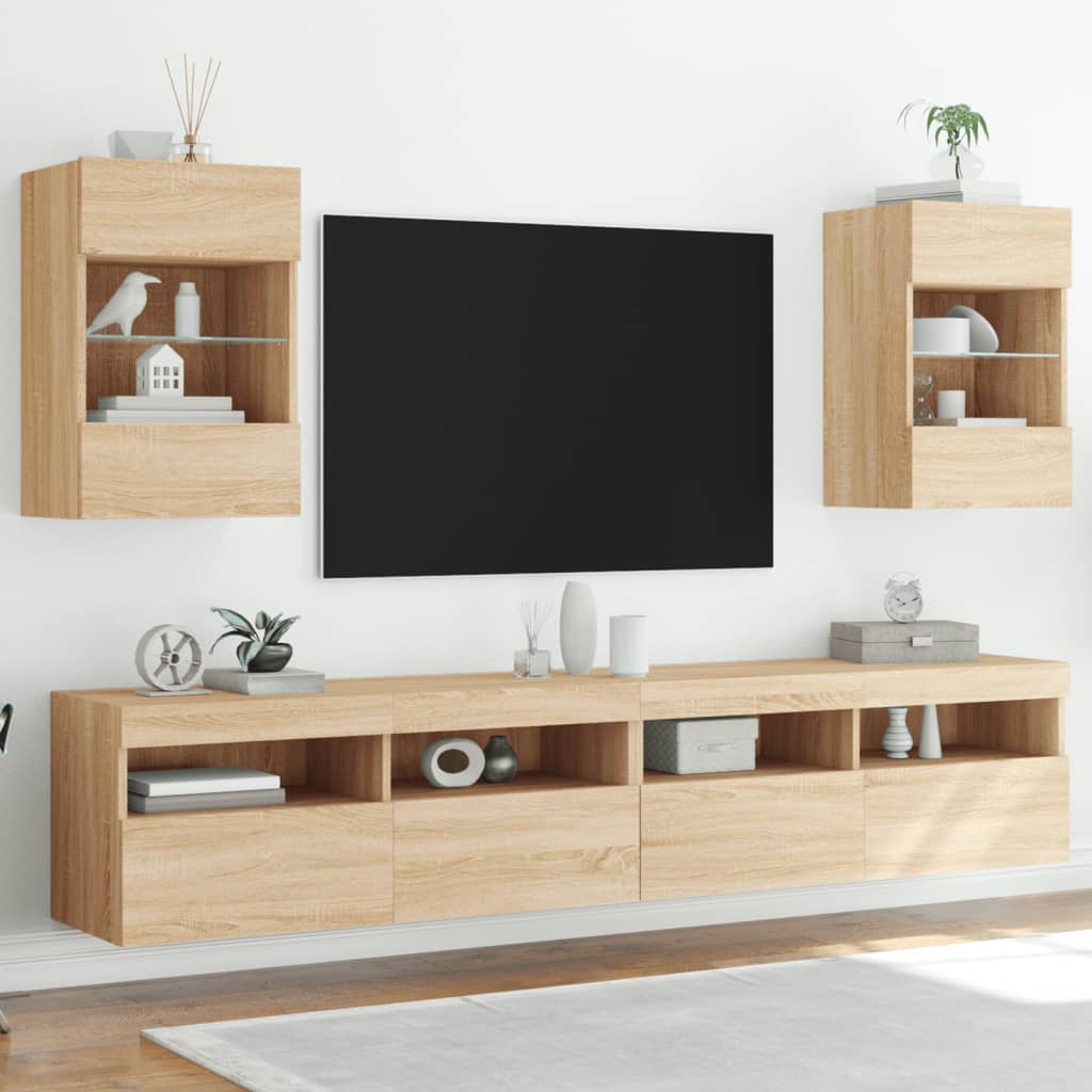 TV Wall Cabinets with LED Lights 2 pcs Sonoma Oak 40x30x60.5 cm - Brittle & Co