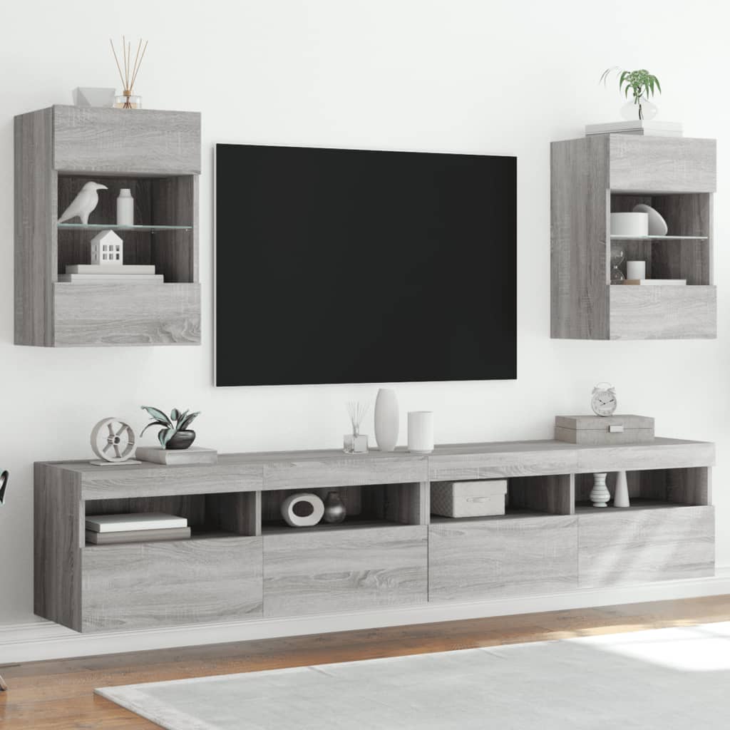 TV Wall Cabinets with LED Lights 2 pcs Grey Sonoma 40x30x60.5 cm - Merlin Deals