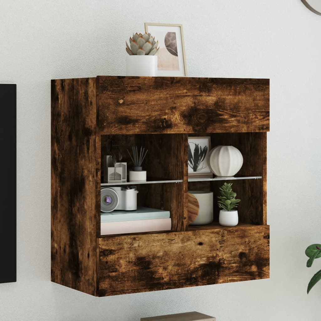 TV Wall Cabinet with LED Lights Smoked Oak 58.5x30x60.5 cm - Merlin Deals
