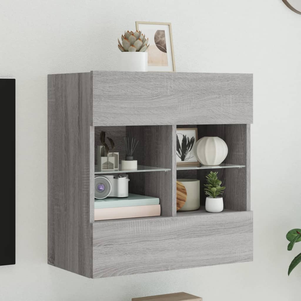 TV Wall Cabinet with LED Lights Grey Sonoma 58.5x30x60.5 cm - Brittle & Co